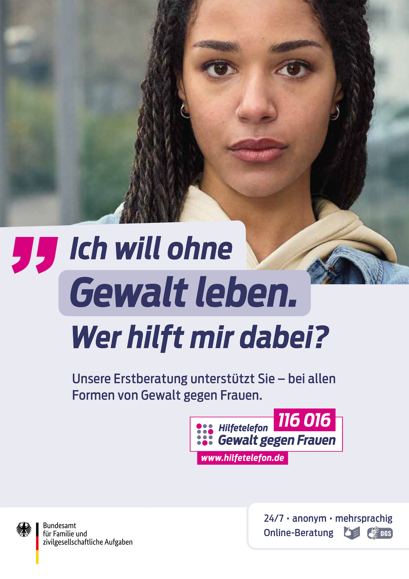 Plakat Hilfetelefon "Ich will ohne Gewalt leben. Wer hilft mir dabei?!