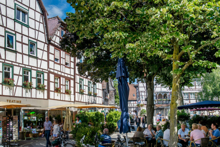 Viele Leute in einer Fußgängerzone vor Fachwerkhäusern und Cafés mit Bäumen