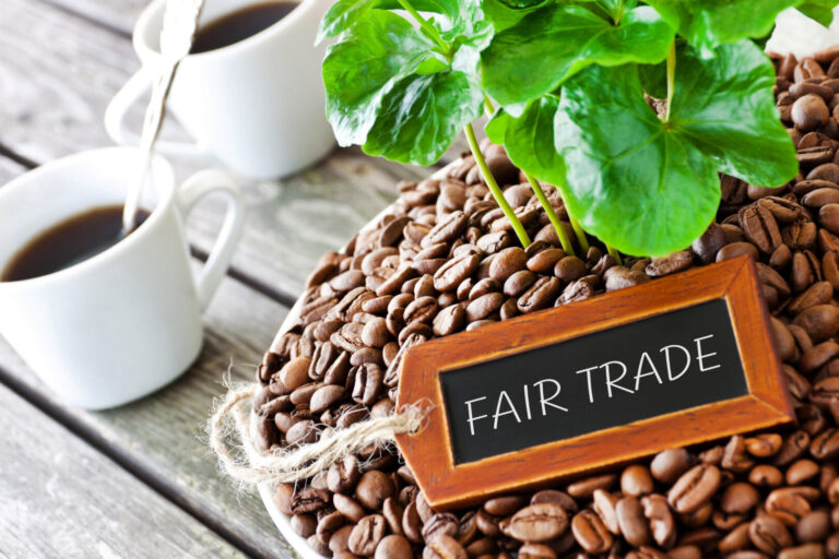 Nahaufnahme mit Kaffeebohnen, zwei Kaffeetassen und einem Fairtrade-Label