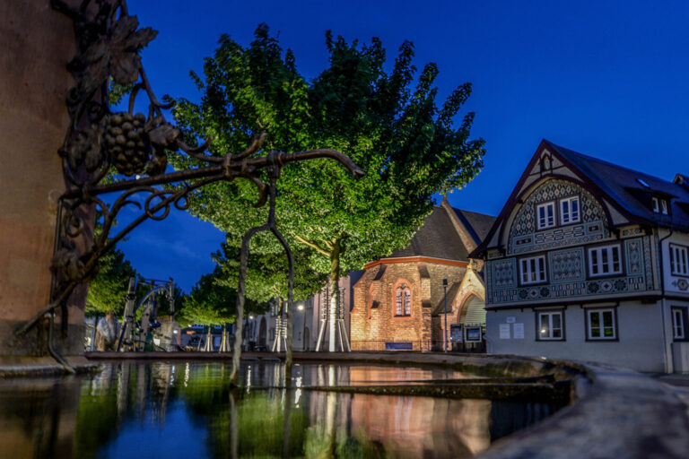 Historischer Brunnen, dahinter Fachwerkhäuser bei Nacht