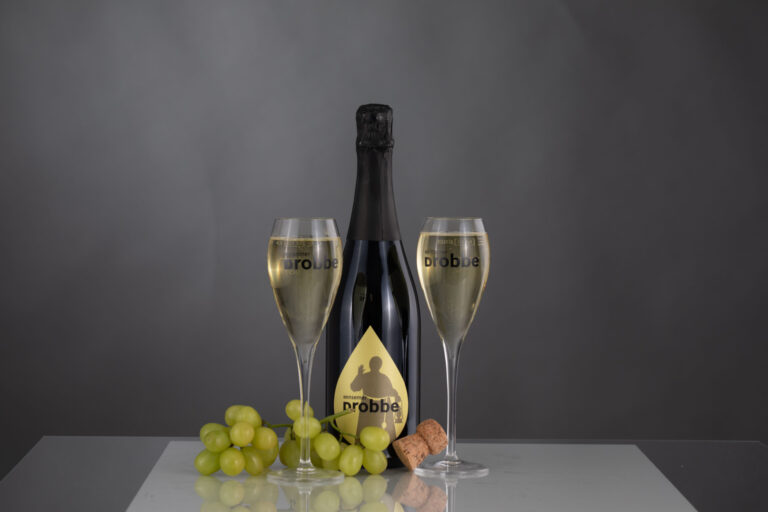 Flasche mit zwei Gläsern und Trauben