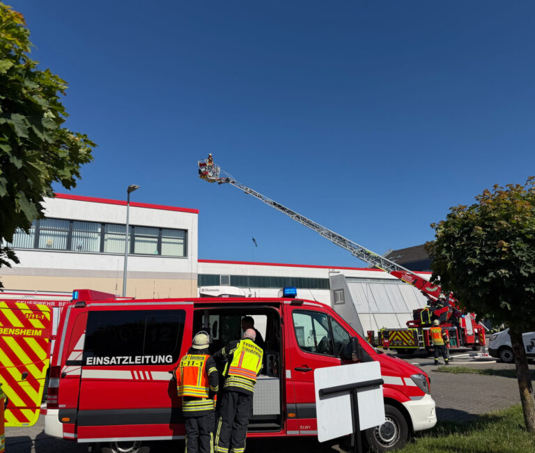 Feuerwehrauto vor brennendem Gebäude