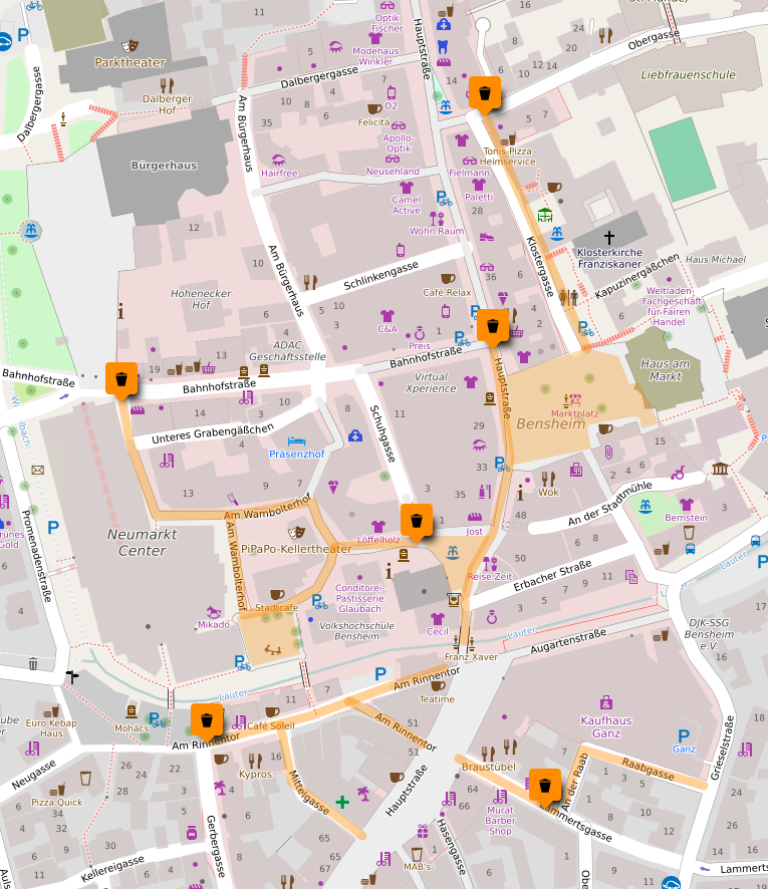Kartenauszug der Bensheimer Innenstadt mit Markierungen der Sammelplätze