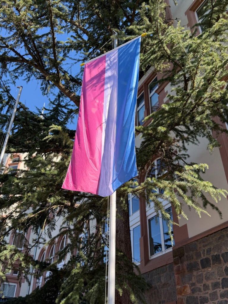 Bi Pride Flagge weht am Fahnenmast vor dem Rathaus im Wind