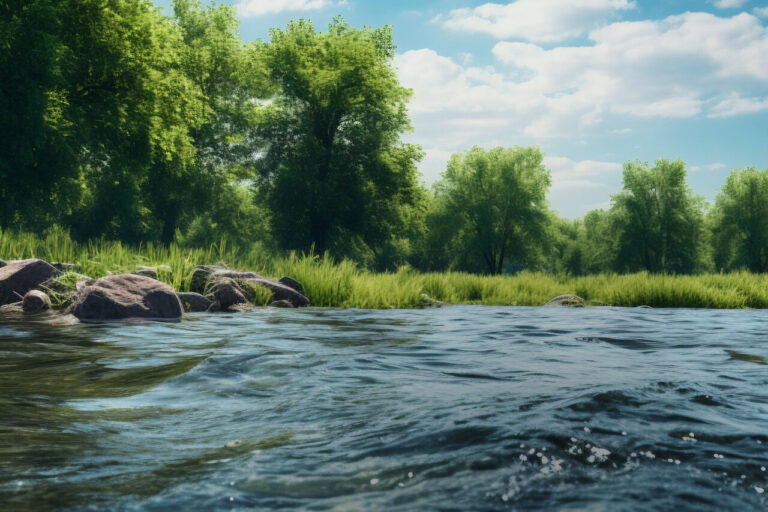 Fließender Fluss mit Landschaft im Hintergrund